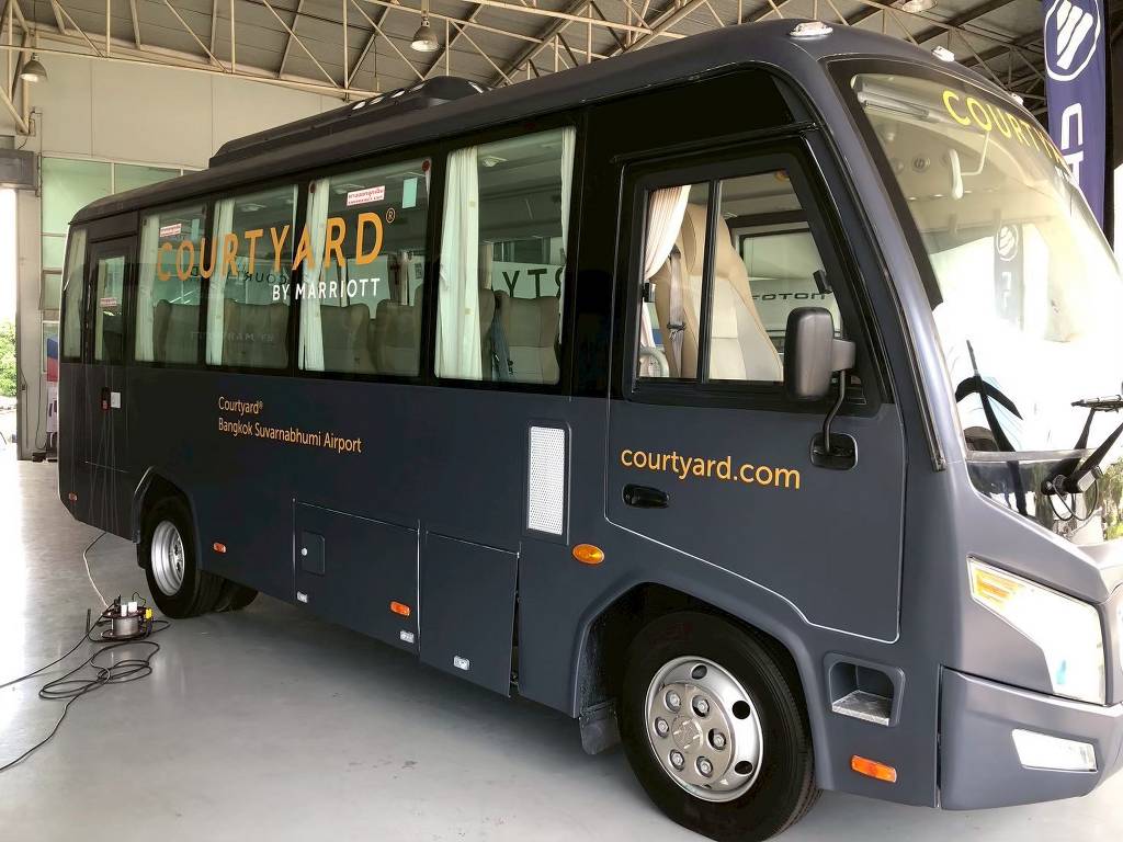สติ๊กเกอร์แร็ปรถเต็มคันด้านหน้าเฉียงซ้าย โชว์การรีดฟิล์มเข้ามุมเสาเอ (A-Pillar) ของรถบัส